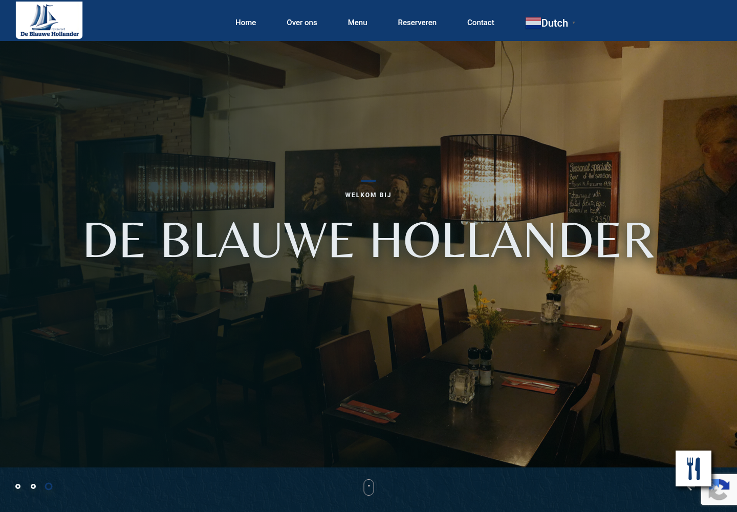 De Blauwe Hollander restaurant website shown over its dining room