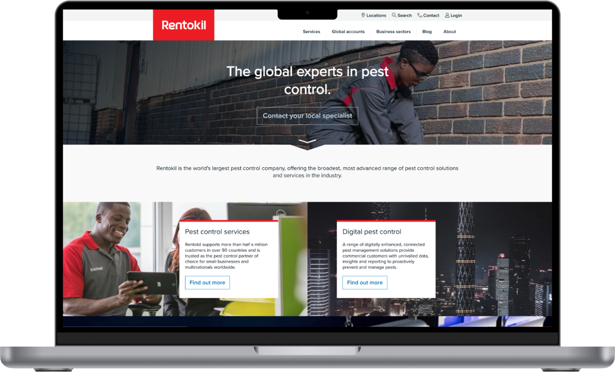 Rentokil global pest-control website displayed on a laptop